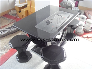 Black Granite Bench & Table,Stone Table Sets Caving,Black Granite Furniture,Table and Chairs Sculptures
