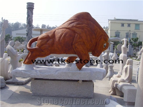 Bullfight Granite Sculpture & Statue,Yellow Granite Bull Sculpture, Animal Sculptures,Stone Bull Caving