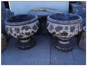 China Black Granite Carving Exterior Flower Pots,Rounding Flower Pots