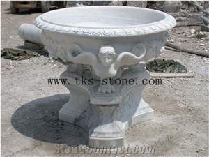 China White Marble Angel Face Carving Flower Pots,Garden, Villa,Round Flower Pots