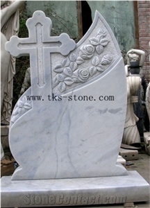 China White Marble Cross Flower Carving Monument & Tombstone, Engraved Tombstones