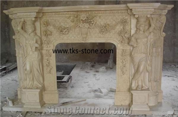 Fireplace,Marble Fireplace,Fireplace Design,Western Figure Carving Marble Fireplace, Sculpture Beige Marble Fireplace