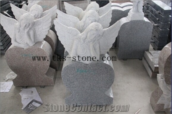 G687 Granite America Style Angle and Heart Monument Carving Flower Tombstone Engraved Headstones, Red Granite Engraved Headstones