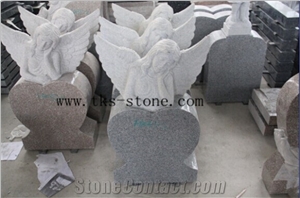 G687 Granite America Style Angle and Heart Monument Carving Flower Tombstone Engraved Headstones, Red Granite Engraved Headstones
