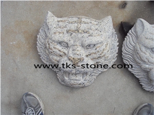 Granite Tiger Head Statues,Tiger Head Caving,Beige Granite Tiger Head Sculpture,Animal Sculptures