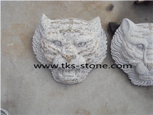 Granite Tiger Head Statues,Tiger Head Caving,Beige Granite Tiger Head Sculpture,Animal Sculptures