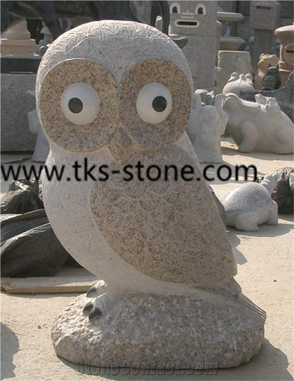 Owl Sculpture & Statue,Beige Granite Animal Sculpture,Garden Sculpture,Stone Animal Statue,Handcrafts,Handcarved Statues