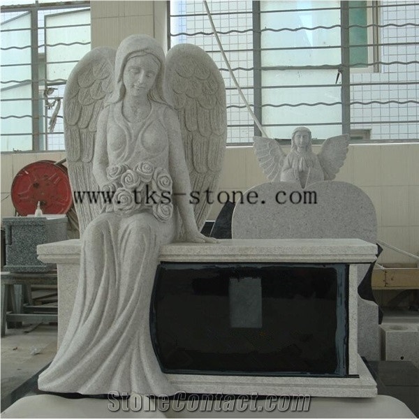 Pearl White Granite Angel Tombstone Bench Monument