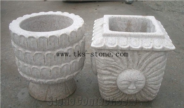 Square Carving Flower Pots, Beige Granite Garden Exterior Planters