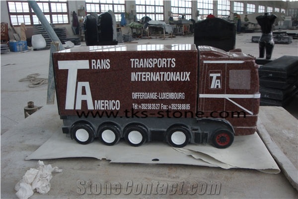 Stone Container Truck Carving Sculpture, Container Truck Sculpture,Red Granite Art Works,Carving Art Works,Stone Art,Creative Works