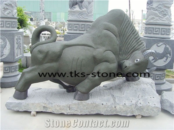 Stone Fighting Bull Caving,Fighting Cattle Sculptures,Cow Statues,Green Granite Animal Sculptures,Landscape Sculptures,Garden Sculptures