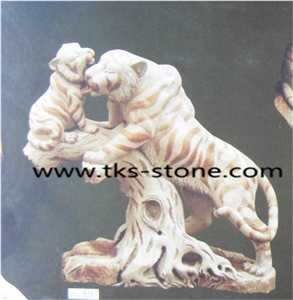Stone Tiger Caving,Tiger Sculpture & Statue,Beige Granite Animal Sculptures,Garden Sculptures,Western Statues
