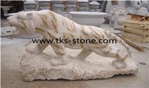 Tiger Sculptures & Statues, Yellow Granite Animal Statues, Garden Sculptures, Tiger Caving Sculptures