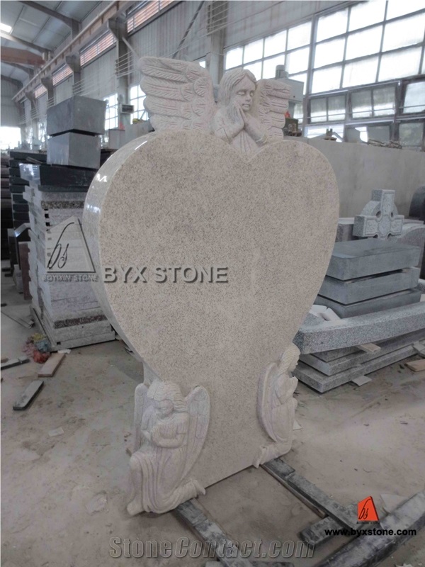 China Beige Granite Adorable European Monument with Carved Angel, Beige Granite Monument & Tombstone