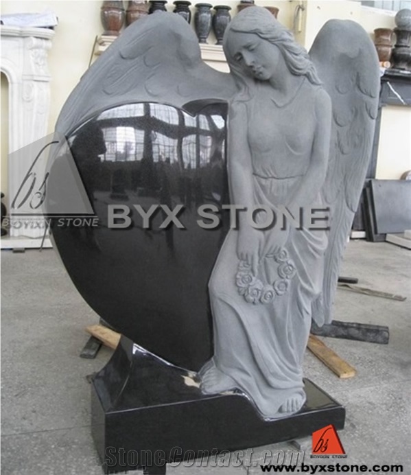 China Black Granite Angel Headstone / Tombstone with Carved Heart