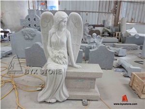 New Design Pink Granite Sitting Angel Headstone / Tombstone, Pearl White Granite Monument & Tombstone