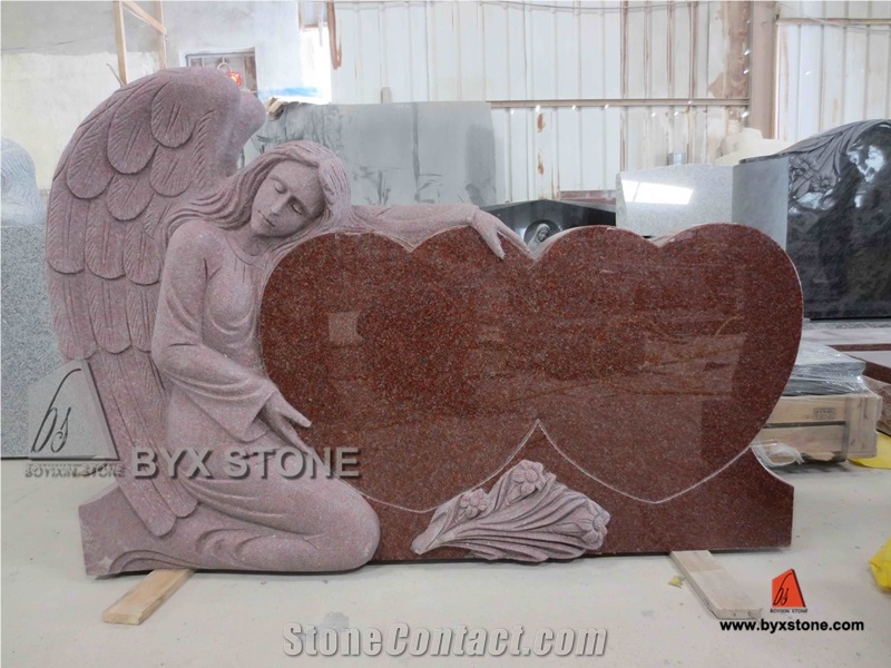 Single Angel and Double Hearts Granite Memorials Headstone, Red Granite Monument & Tombstone