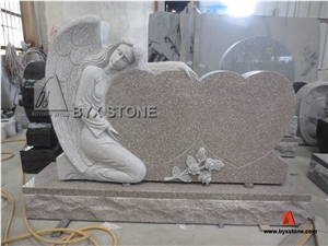 Single Angel and Double Hearts Granite Memorials Headstone, Red Granite Monument & Tombstone
