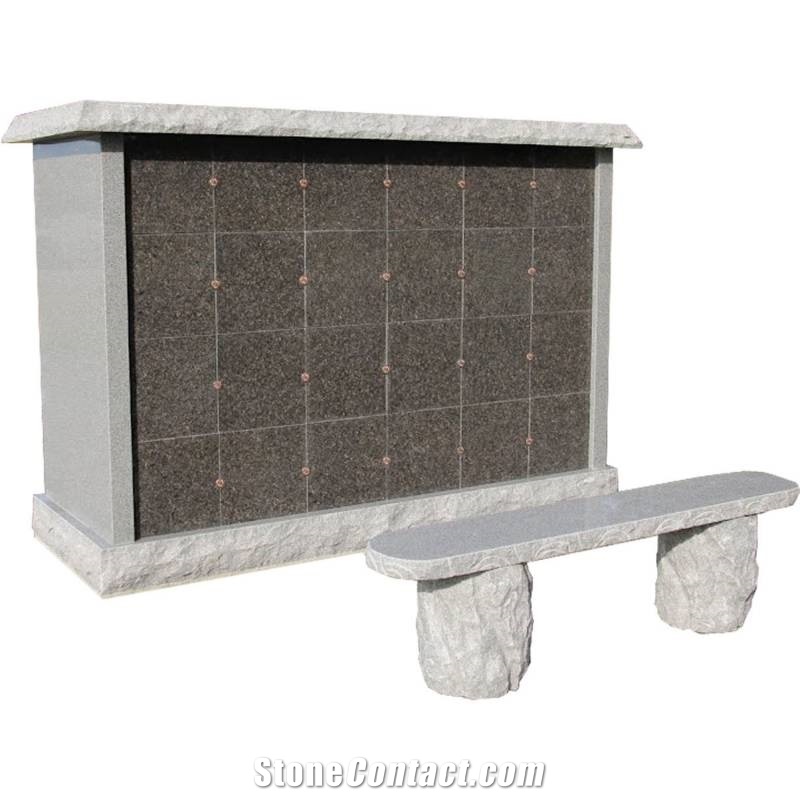24 Niche China G603 Grey Granite Columbarium Unit and Matching Black and Gray Granite Bench