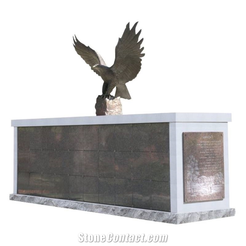 China G654 Grey Granite Large Double Sided 60 Niche Columbarium Shown with Eagle Statue and Matching Granite Plaque