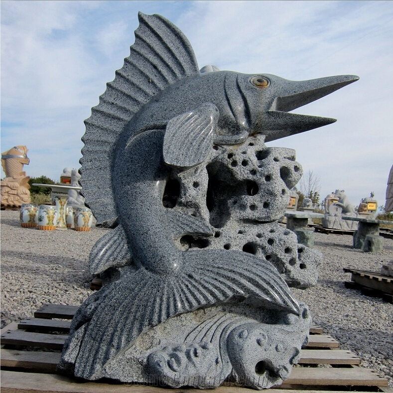 G654 Granite Fish Carving Statues Garden Animal Sculptures