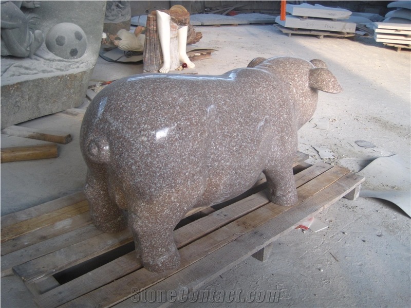 G663 Pink Granite Stone Handcarved Pig Animal Garden Sculptures