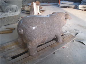 G663 Pink Granite Stone Handcarved Pig Animal Garden Sculptures