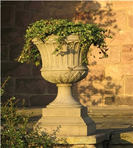Garden Stone Pot on Pedestal Stone Plant Flower Vases, Yellow Marble Flower Vases