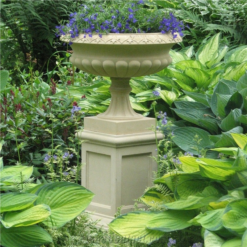 Garden Stone Vase on Pedestal Flower Planter Pots, Beige Marble Planter Pots