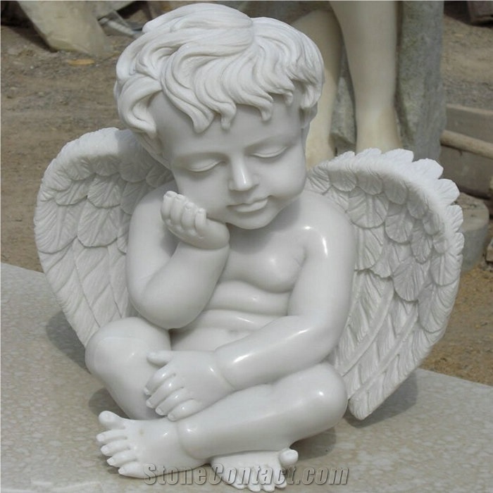 Guangxi White Marble Sculpture Handcarved Cherub Angel Sculptures Angel Child Statues