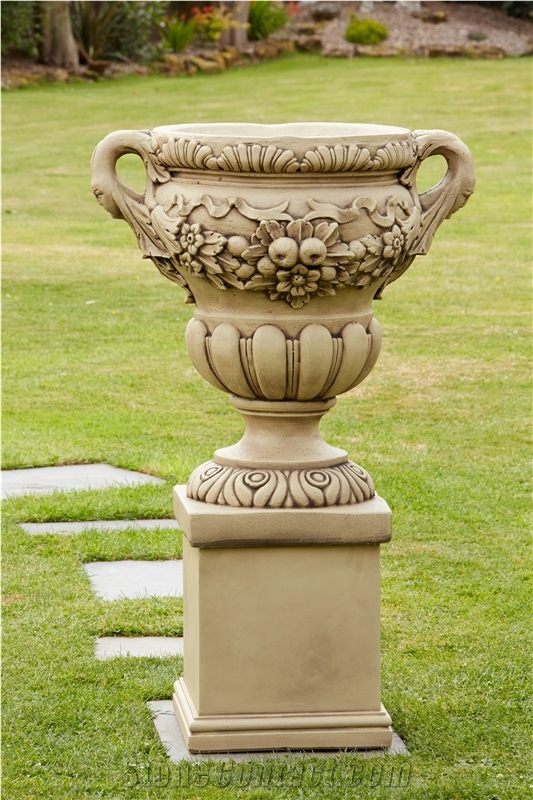 Outdoor Garden Stone Plant Pots Flower Planters with Pedestal, Beige Marble Flower Pot