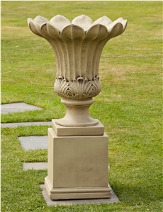 Outdoor Stone Flower Plant Vases Marble Planter Pots on Pedestal, Beige Marble Planter Pots