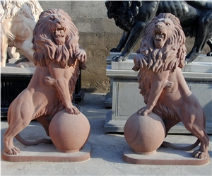 Red Sandstone Lion Carving Statues, Lions Sculptures