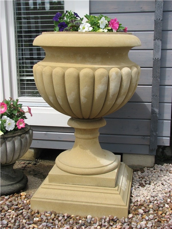 Stone Garden Outdoor Pots Flower Plant Vase, Yellow Sandstone Flower Pot