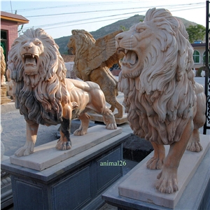 Sunset Red Marble Lion Sculptures Garden Animal Hancarved Statues