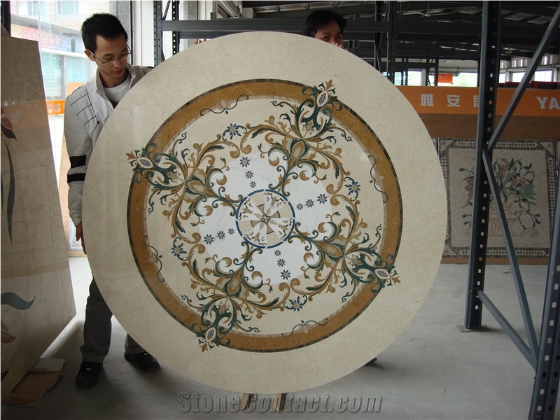 Natural Stone Waterjet Medallio Modern Style and Hot Sale Inlay Floor Design,Luxury Restaurant Floor and Wall Use Marble Inlay Wall Tiles, Crema Marfil Marble Medallion