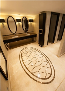 Botticino Royal Marble and Adiyaman Crystal Emperador Marble Hotel Bathroom Design, Beige Marble Turkey Bath Design