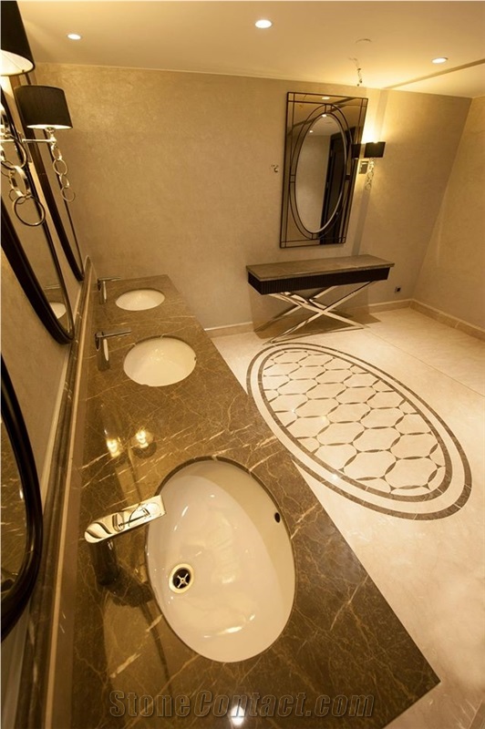 Botticino Royal Marble and Adiyaman Crystal Emperador Marble Hotel Bathroom Design, Beige Marble Turkey Bath Design