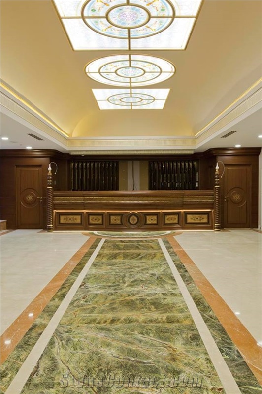 Regal Botticino and Rain Forest Green Marble Combined Hotel Entrance Design