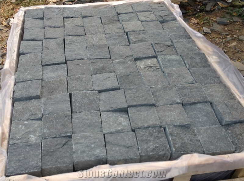 Hebei Black Quartz Stone Flamed Surface Cube Stone for Walkways, Natural Quartz Stone Black Quartzite Cube Stone
