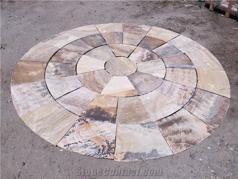 Fossil Sandstone Circles for Patio Design, Beige Sandstone India Cube Stone & Pavers