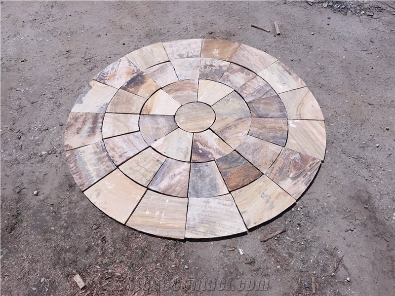 Fossil Sandstone Circles for Patio Design, Beige Sandstone India Cube Stone & Pavers