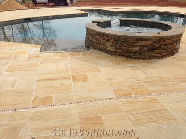 Teak Wood Sandstone Swimming Pool Terrace, Yellow Sandstone India for Pool Coping