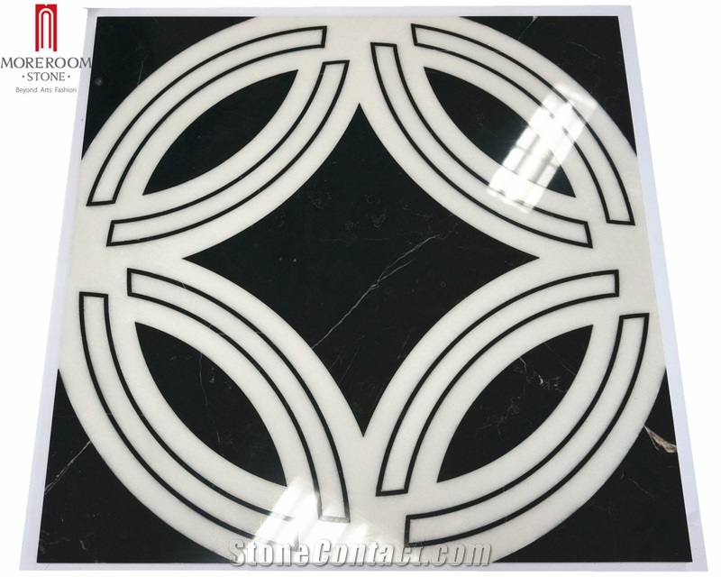 White Black Round Waterjet Medallion Marble Tile