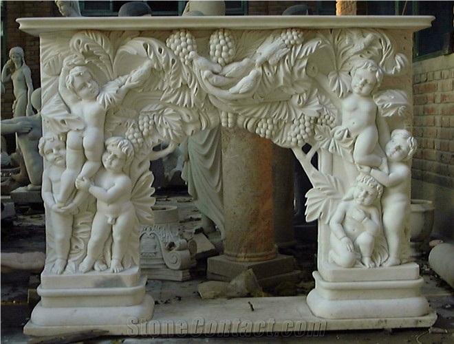 White Marble Angel Fireplace Mantel, White Marble Sculpture & Statue
