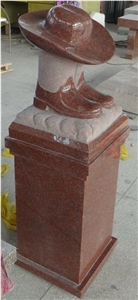 Ruby Red Granite Cowboy Hat with Boots Pedestal Headstone
