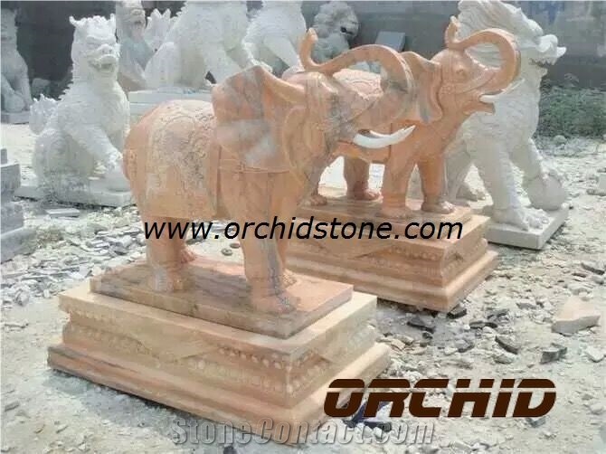 Hand Carved Natural Marble Elephant Sculpture, Sunset Red Yellow Marble Sculpture & Statue
