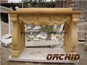 Hand Carved Natural Stone Fireplace Maker, Yellow Marble Fireplace