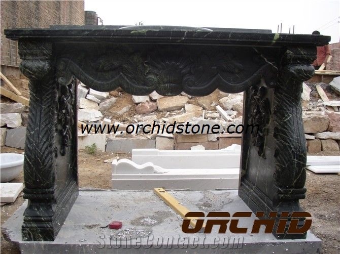 Hand Carved Natural Stone Fireplace Mantel, Black Marble Fireplace Mantel