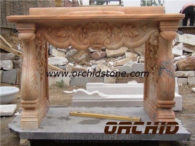 Hand Carved Natural Stone Fireplace Mantels, Yellow Marble Fireplace Mantels